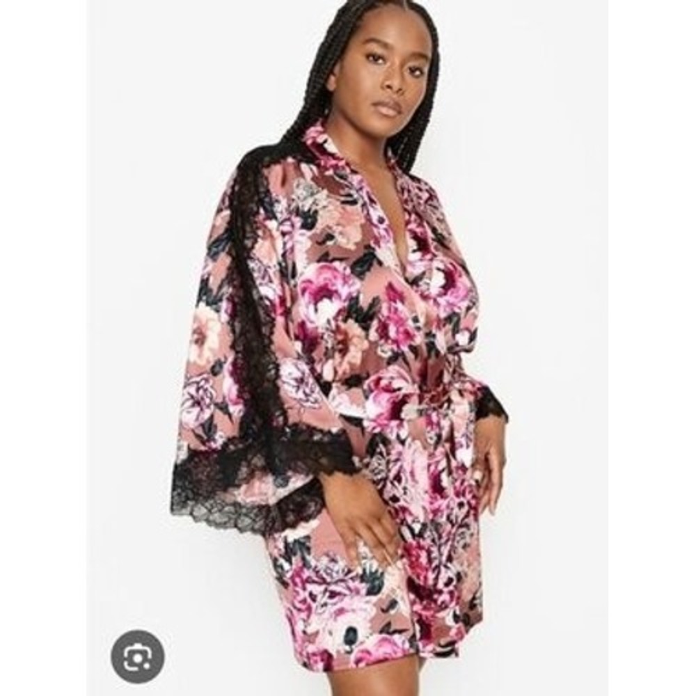 Victoria's Secret Floral Satin Lace Trim Kimono Robe Pink Mauve M/L 0865